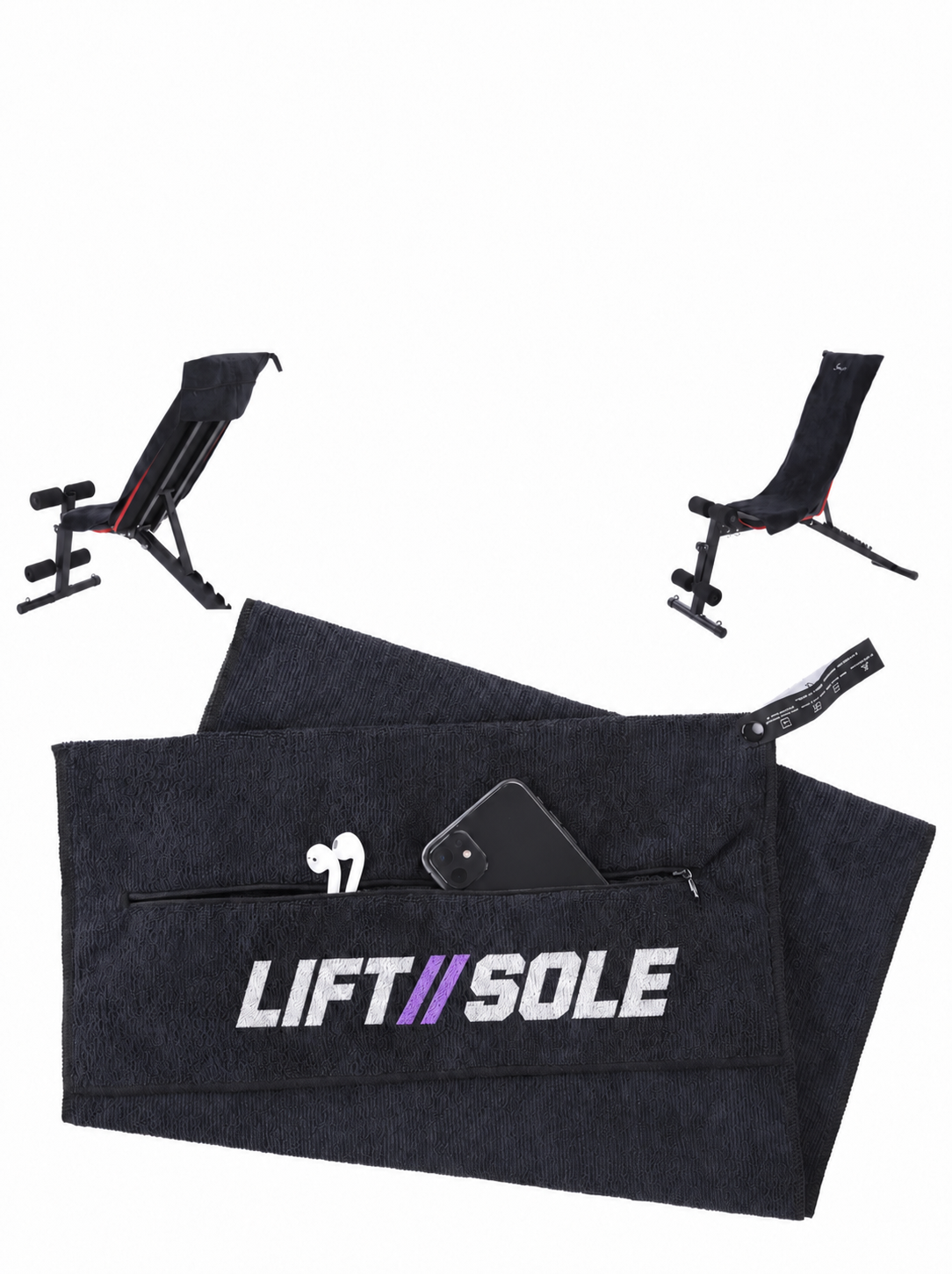 Schwarzes LIFT//SOLE Performance-Handtuch mit Reißverschlusstasche